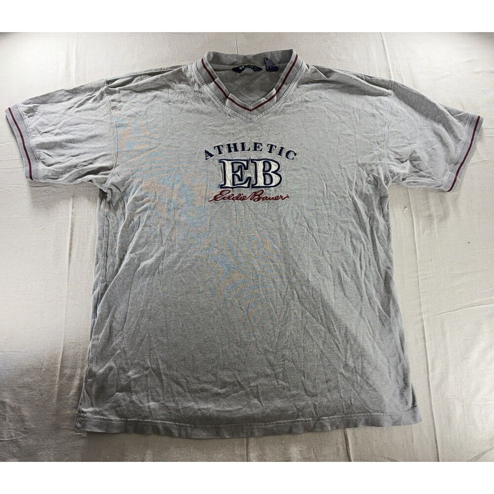 VTG 90s Eddie Bauer EBTEK Athletic Spell Out V-Neck T-Shirt Gray Men's L Tall